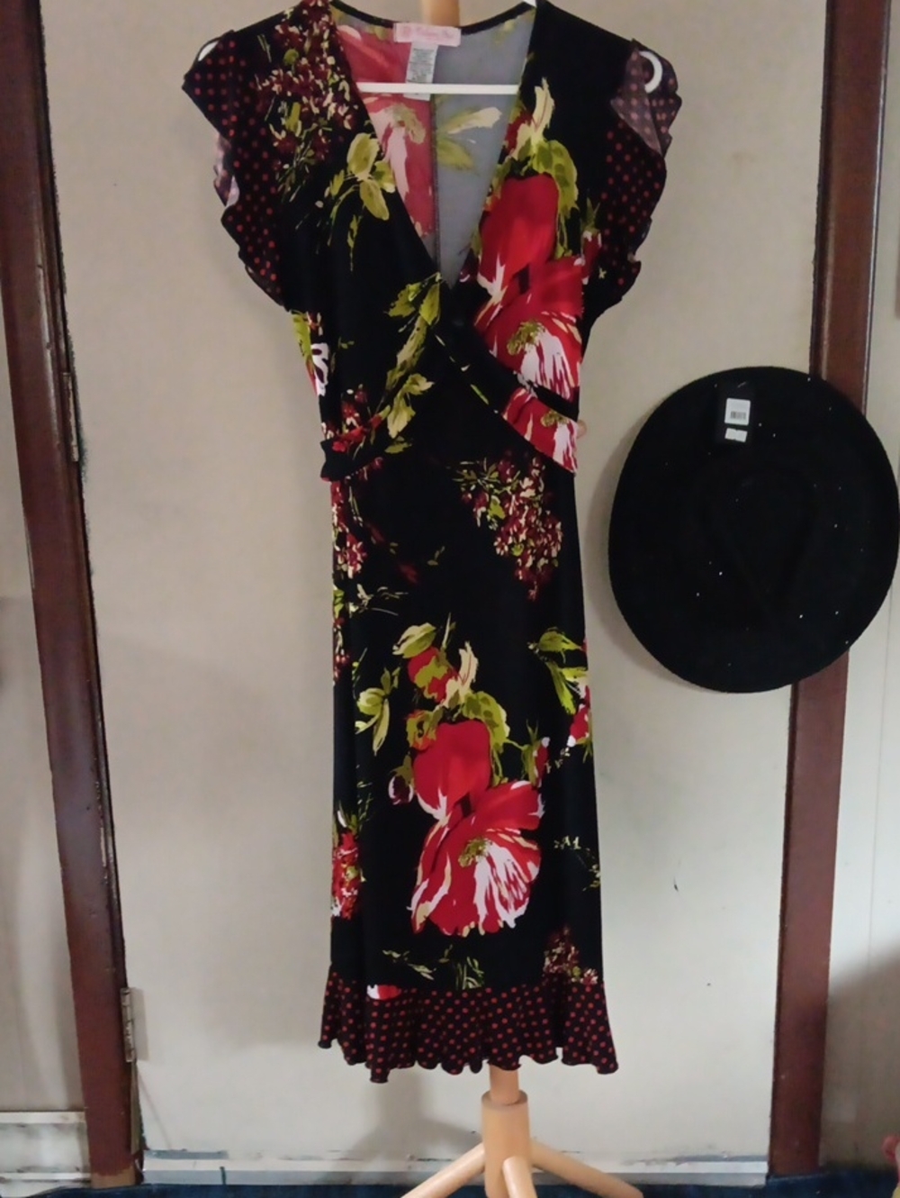 Black and Red Floral Wrap Midi Dress